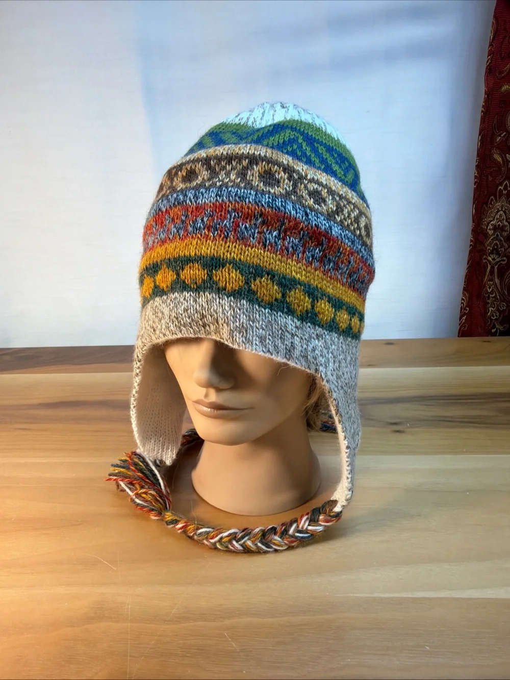 Soft Baby Alpaca Reversible Chullo Beanie Hat Beige Unisex Colorful Boho Peru